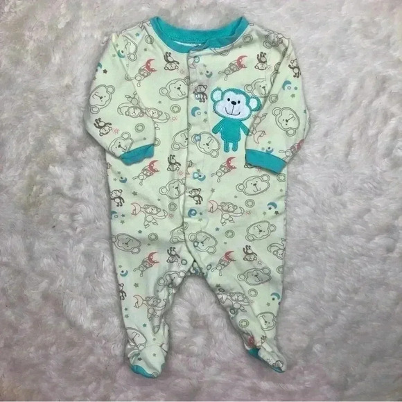 Pekkle Footed Onesie Pajamas Monkey Green /  Blue Size 3 Months - Picture 1 of 16